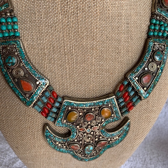 Auth Tibetan Nepal Handmade Inlay BibNecklace NWOT - Picture 2 of 4